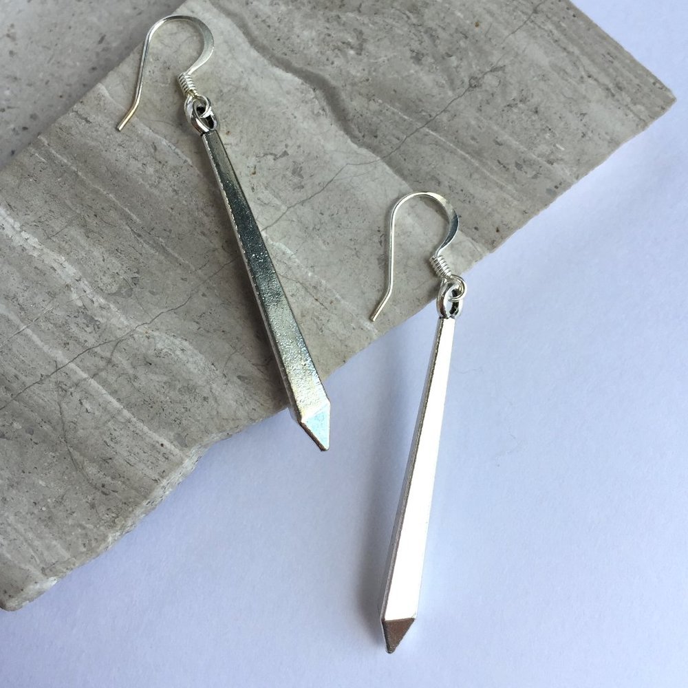 Long silver angled drop Earrings